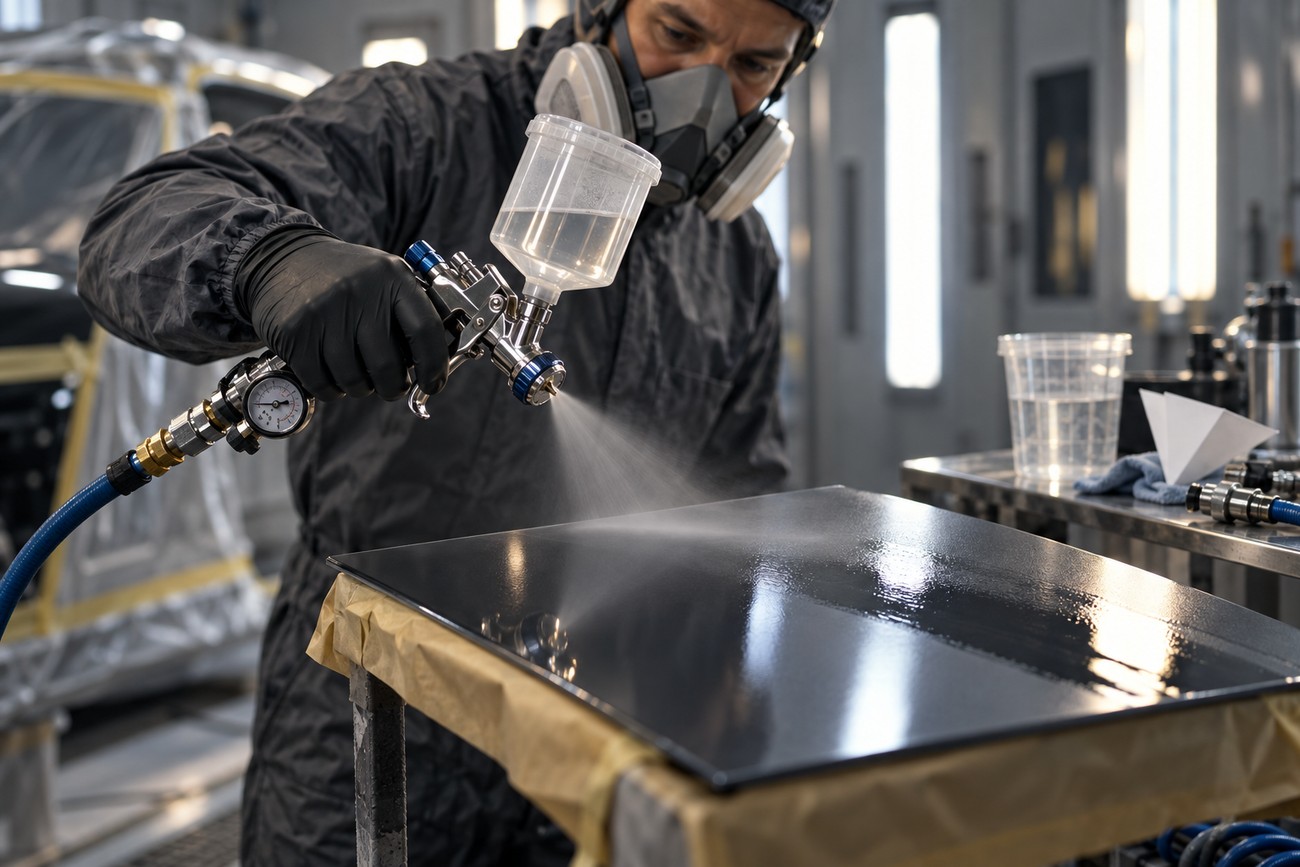 A professional painter wearing a respirator applies clear coat with a spray gun to a metal panel