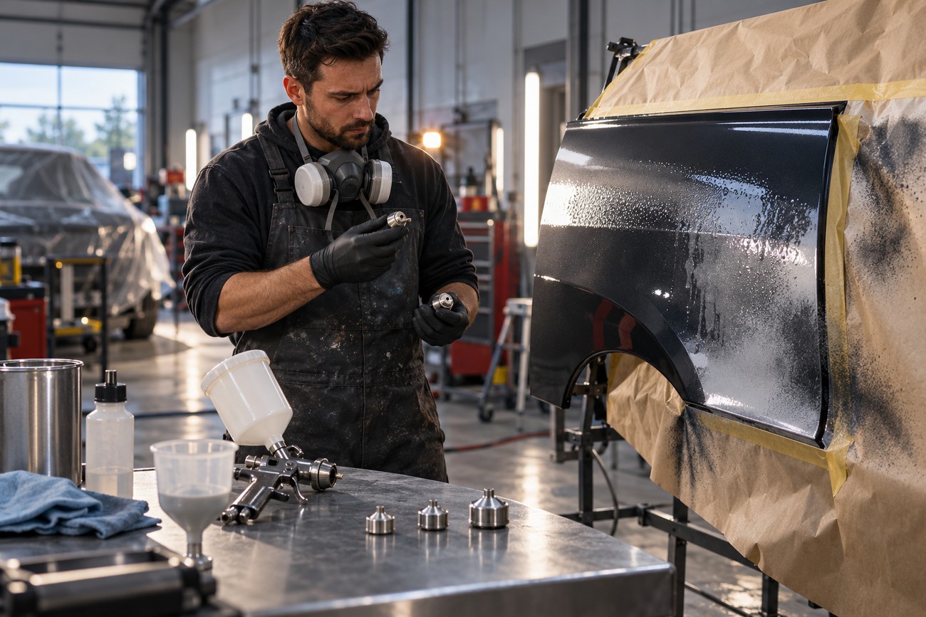 A technician wearing a respirator and gloves inspecting spray gun nozzles at a workbench in an auto body shop