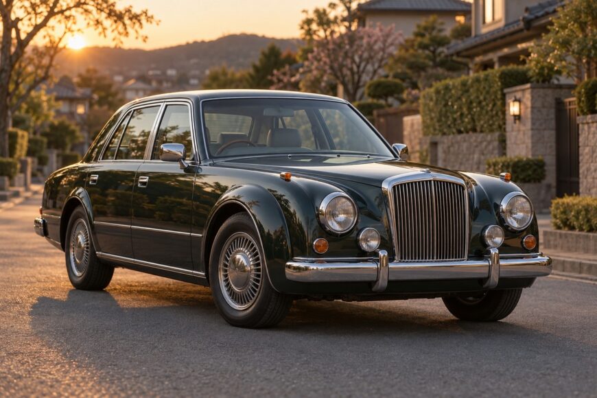 Dark green Toyota Classic retro sedan parked on a suburban street during sunset with warm golden light