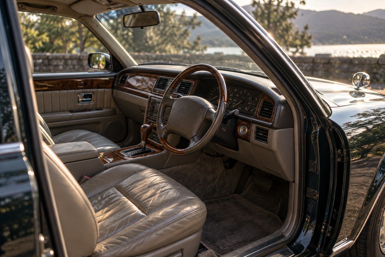 Interior view of a rare Toyota Classic sedan showcasing leather seats and wooden dashboard trim