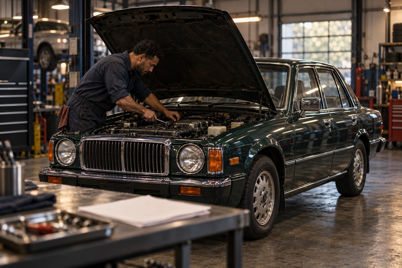 A mechanic working on the engine of a dark green Toyota Classic sedan in a garage
