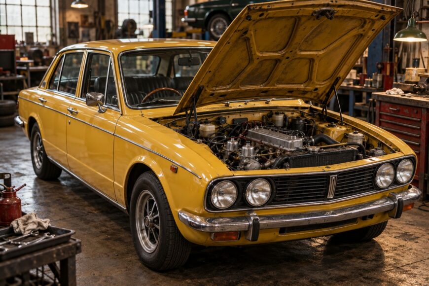 Yellow Triumph Dolomite Sprint classic car with open hood revealing the engine inside a vintage repair garage
