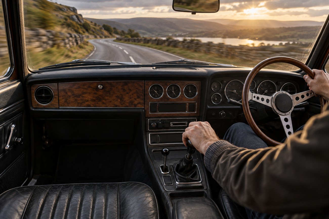 Driver shifting gears inside the classic right-hand drive Triumph Dolomite Sprint on a winding countryside road during sunset