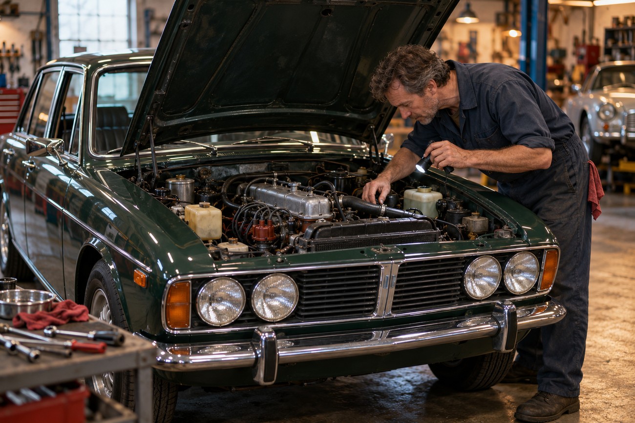 A mechanic in overalls inspecting the engine bay of a classic green Triumph Dolomite Sprint with a flashlight in a garage