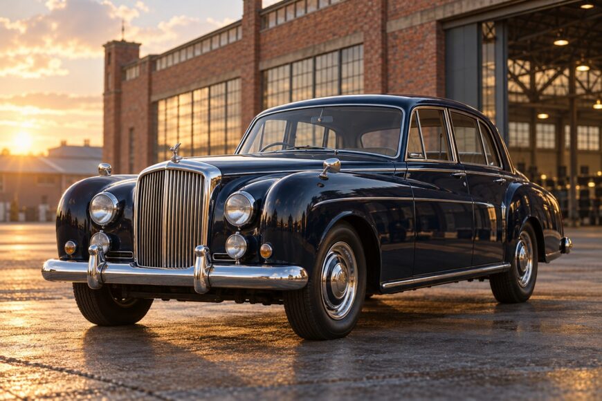 A vintage dark blue Armstrong Siddeley Sapphire saloon car parked outside a brick hangar at sunset