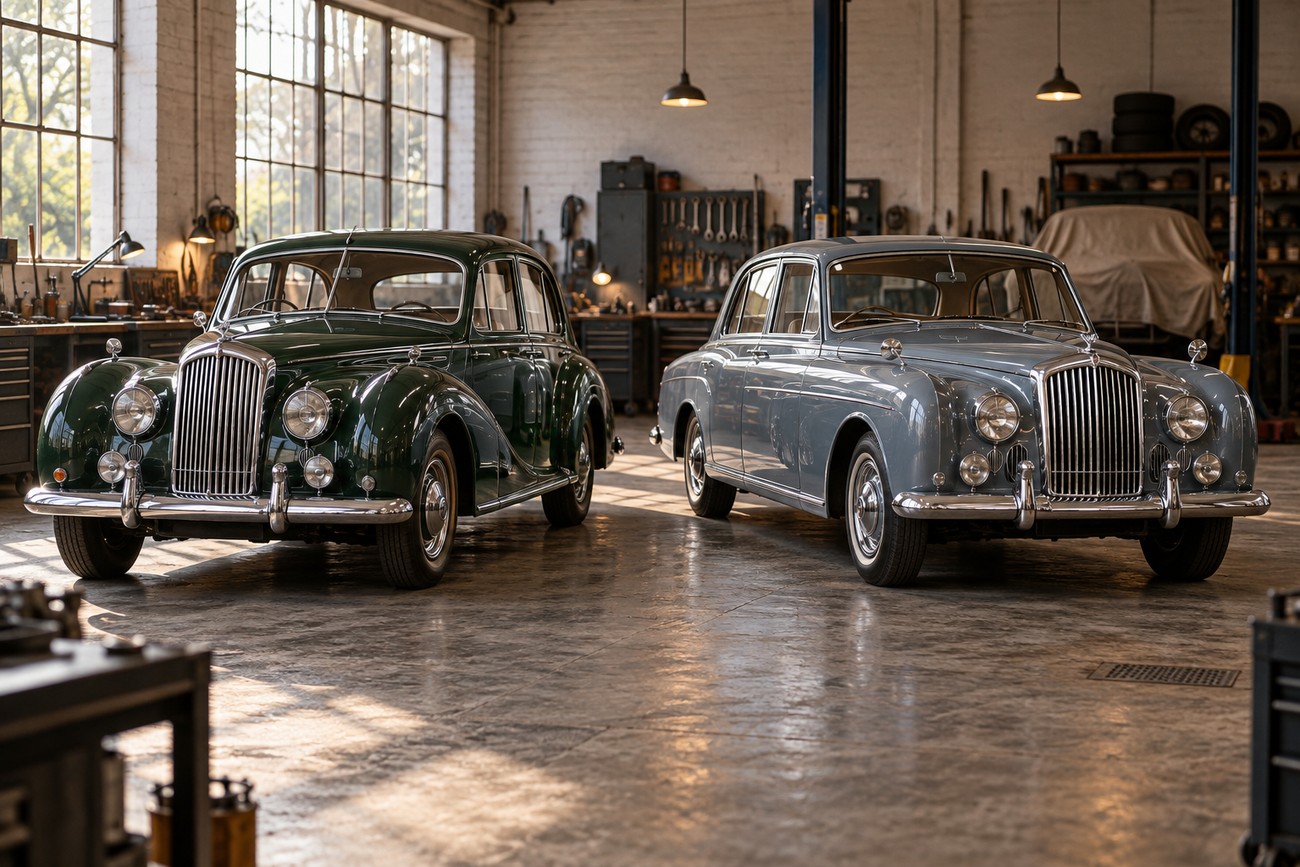 Two vintage Armstrong Siddeley Sapphire saloon cars in dark green and grey parked inside a bright mechanic workshop
