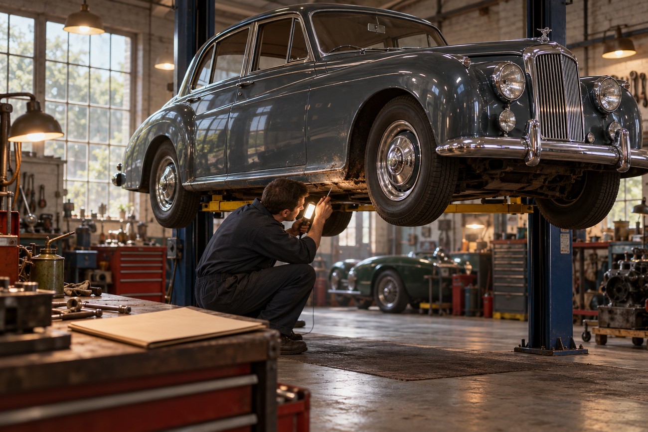 Mechanic with a work light inspecting the underbody of a vintage Armstrong Siddeley Sapphire raised on a hydraulic lift in a classic garage