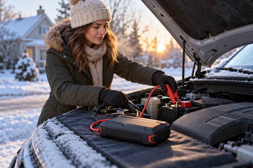 A woman in a winter jacket and beanie uses a portable jump starter to connect cables to a car battery outdoors in the snow