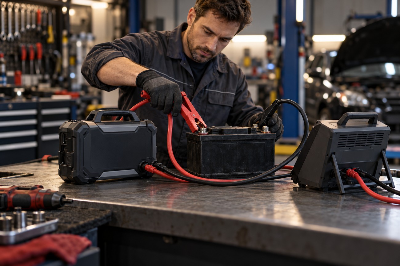 A mechanic wearing gloves connects booster cables from a portable jump starter to a car battery on a metal workbench in a repair shop