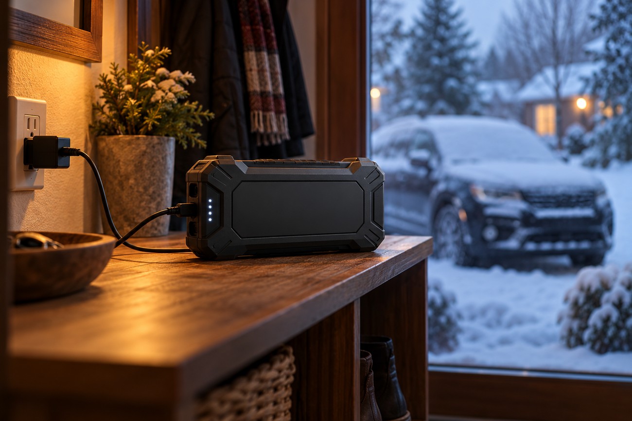 A black portable jump starter charging on a wooden table near a window with a snow-covered car outside