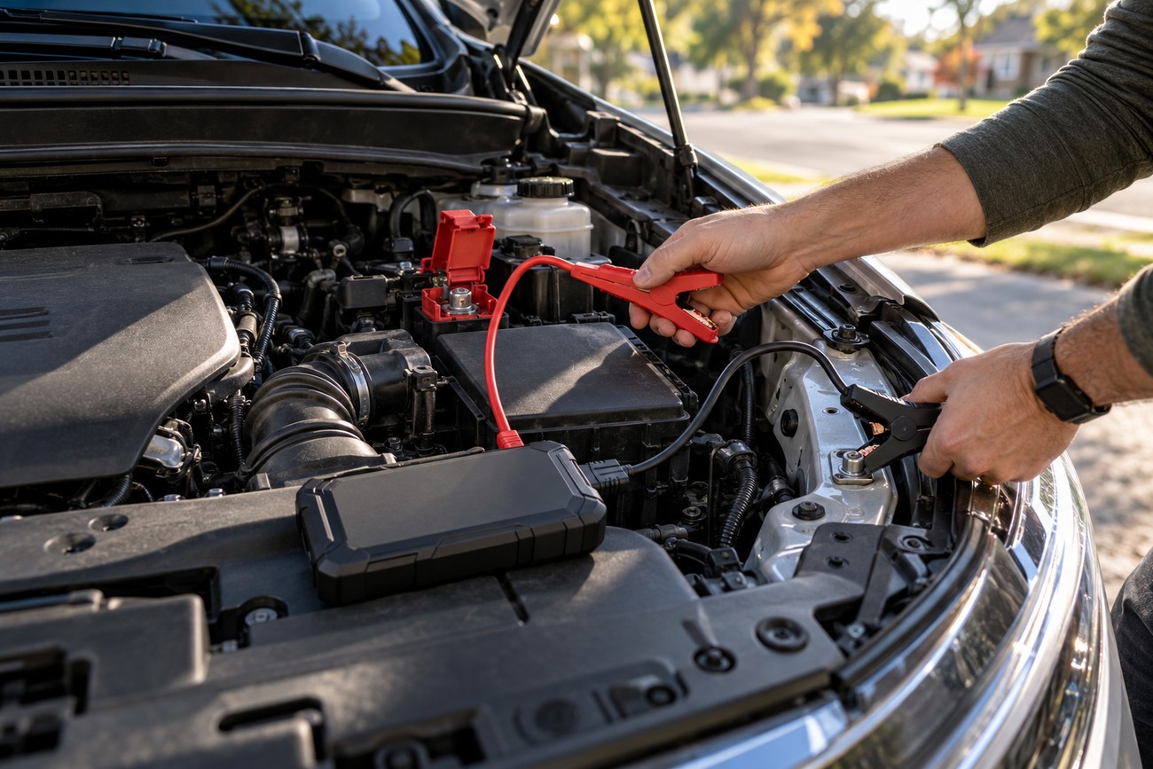 A man connecting a portable jump starter and jumper cables to a car battery under an open hood