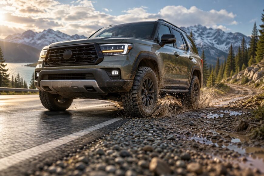 An olive-green off-road SUV drives through muddy puddles on a scenic mountain road with snow-capped peaks in the background