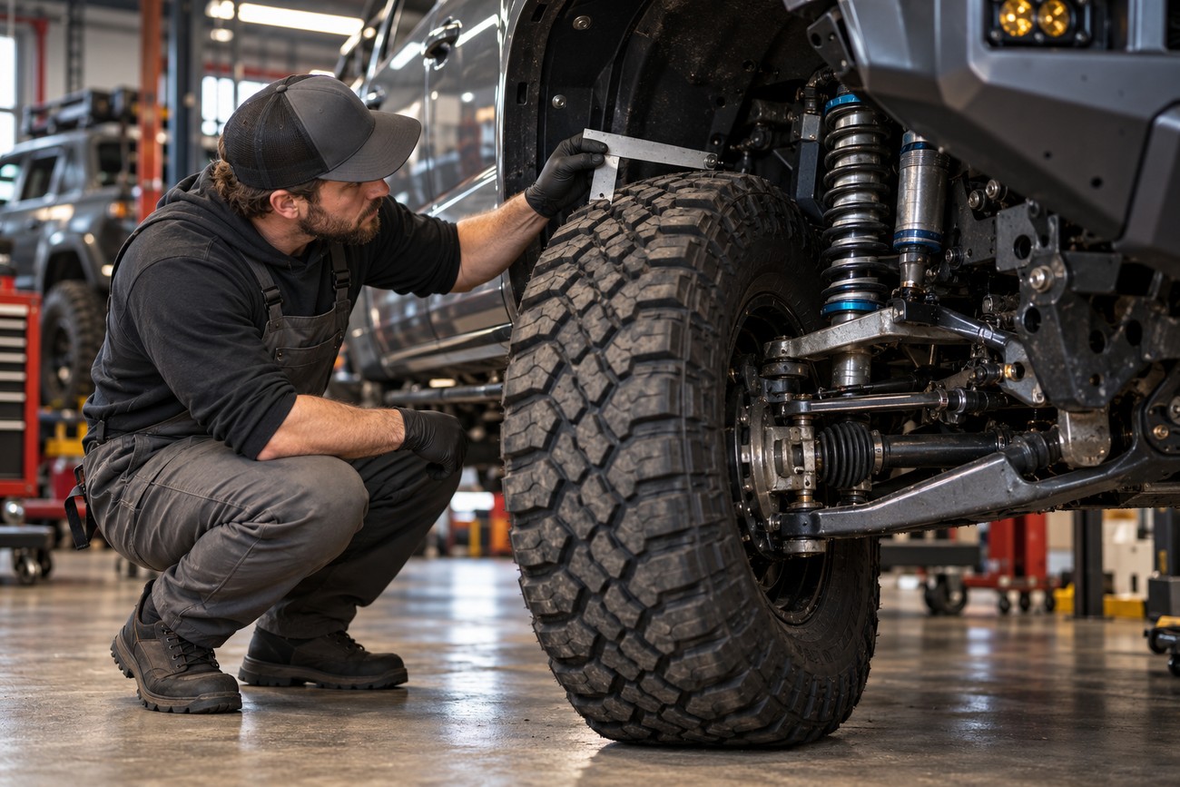 A mechanic wearing gloves crouches next to a lifted off-road vehicle to measure tire clearance in a garage