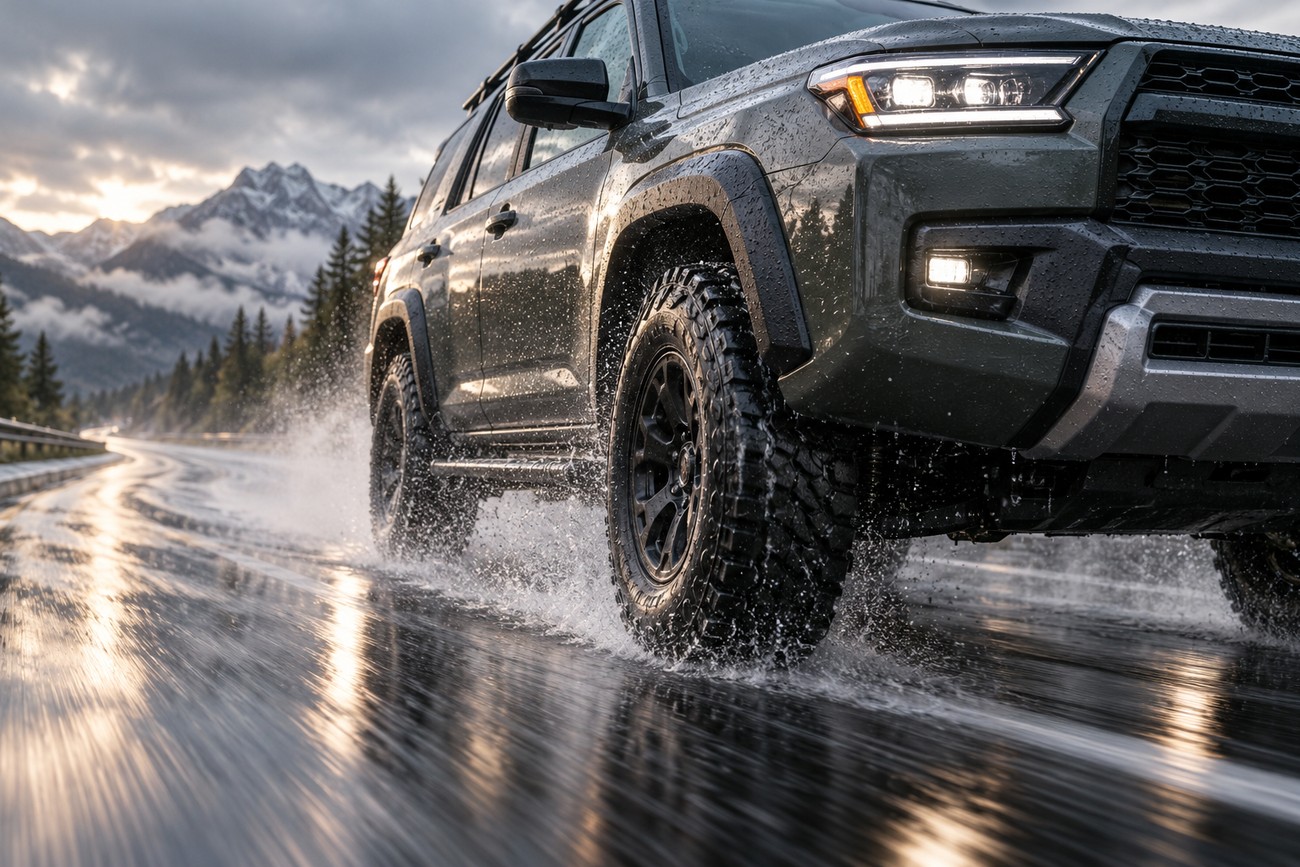 A dark off-road SUV driving through puddles on a wet mountain road with large treads splashing water