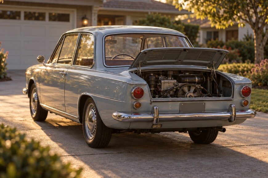 Light blue Hino Contessa 1300 classic sedan parked in a driveway with its rear engine lid open revealing the engine compartment
