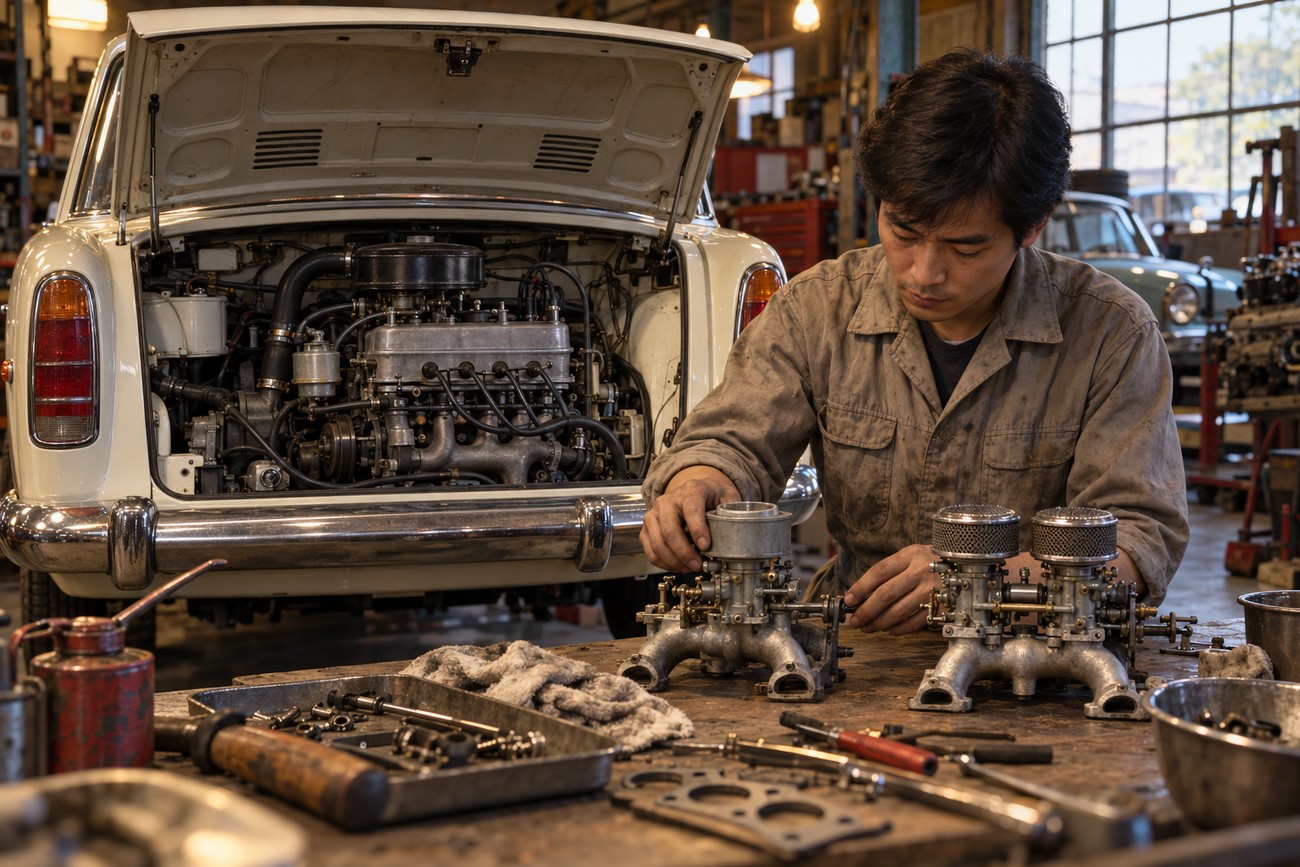 A mechanic in a workshop assembling carburetors with a vintage Hino Contessa 1300 rear-engined sedan in the background