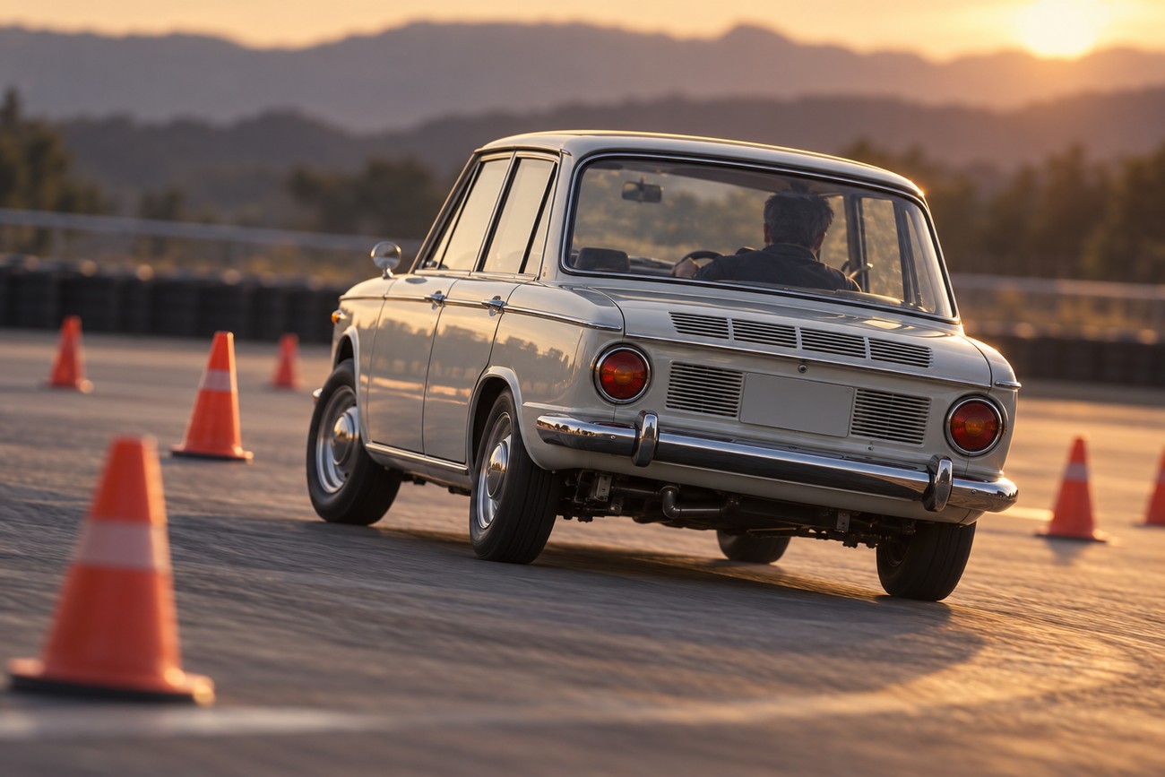 Rear view of a classic white Hino Contessa 1300 sedan driving on a test track past orange traffic cones at sunset