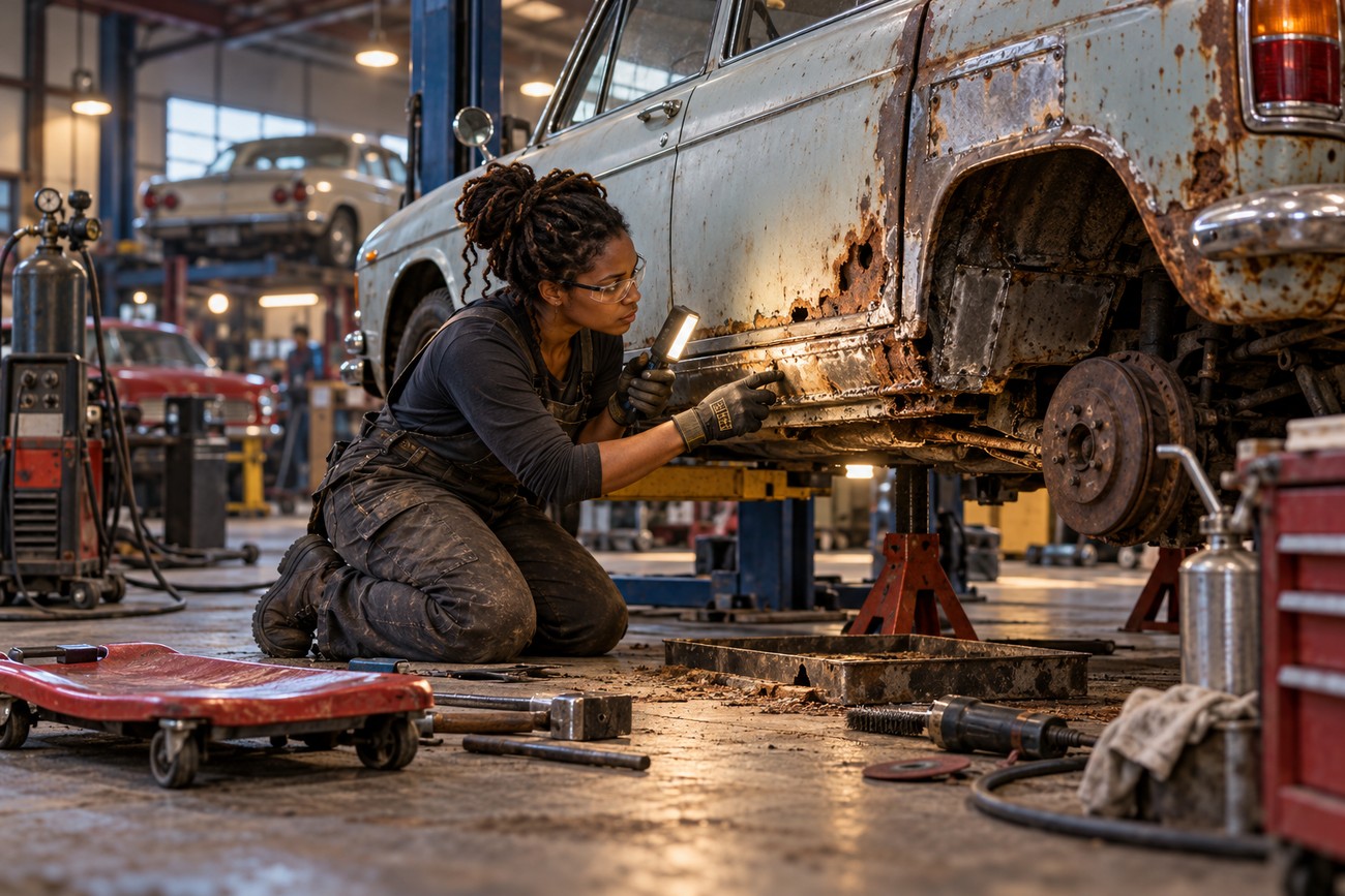 A female mechanic wearing safety glasses kneels and inspects the heavily rusted bodywork of a vintage Hino Contessa 1300 sedan in a garage