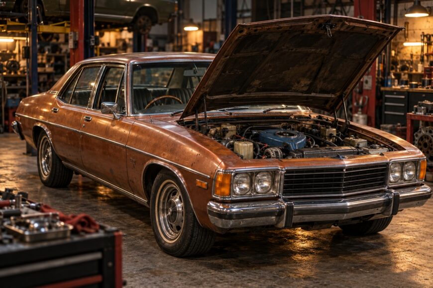 Classic brown Mazda Roadpacer with open hood parked inside a dimly lit repair garage