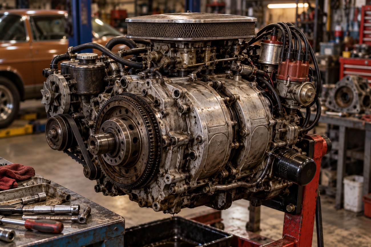 A heavy multi-rotor rotary engine mounted on a red service stand in a cluttered auto repair workshop