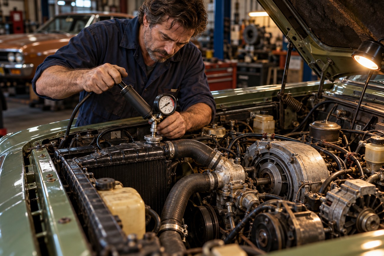 Mechanic using a pressure tester on the rotary engine compartment of a classic Mazda Roadpacer in a garage