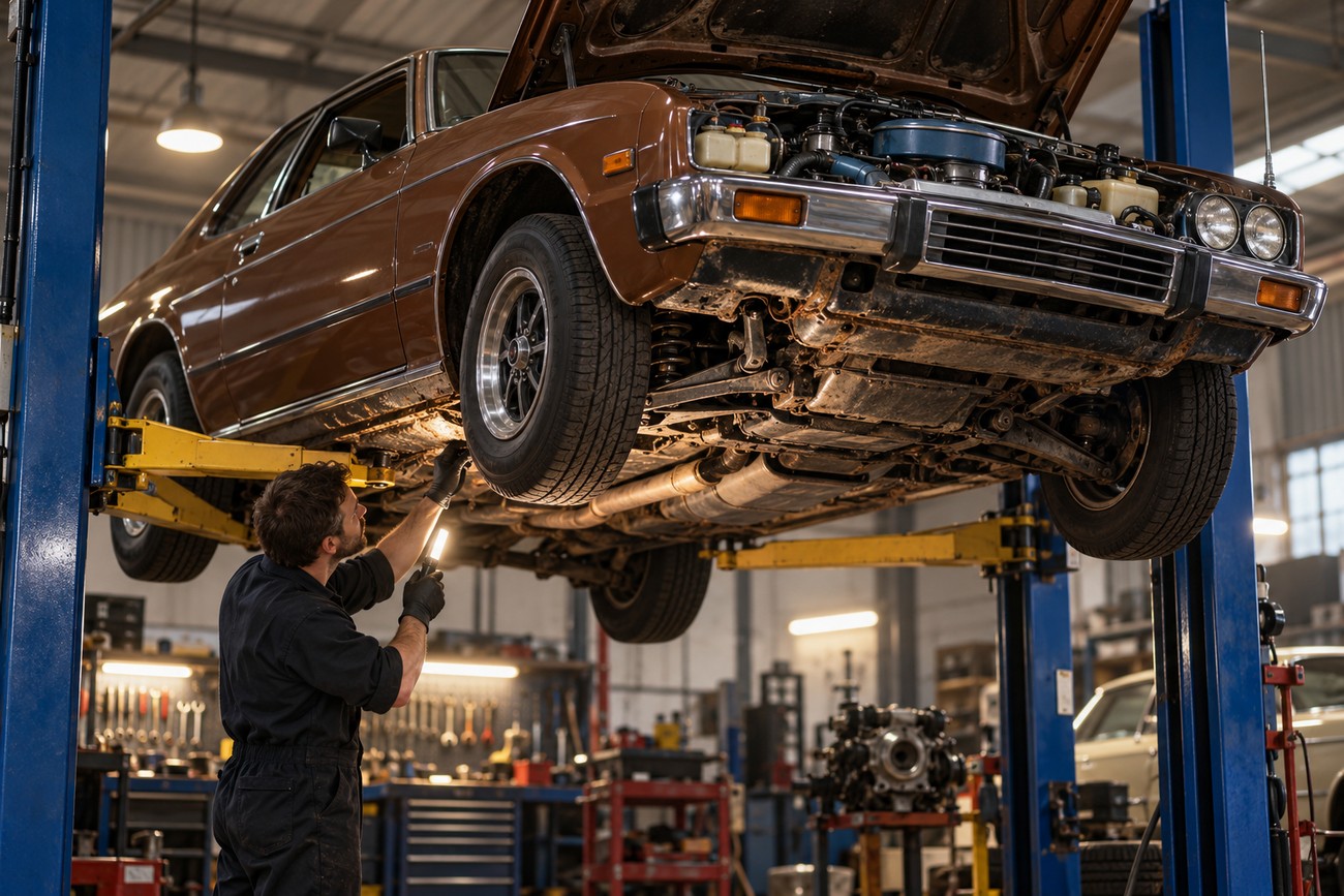 Mechanic holding a flashlight inspecting the undercarriage of a classic brown Mazda Roadpacer lifted on a hydraulic hoist in a workshop
