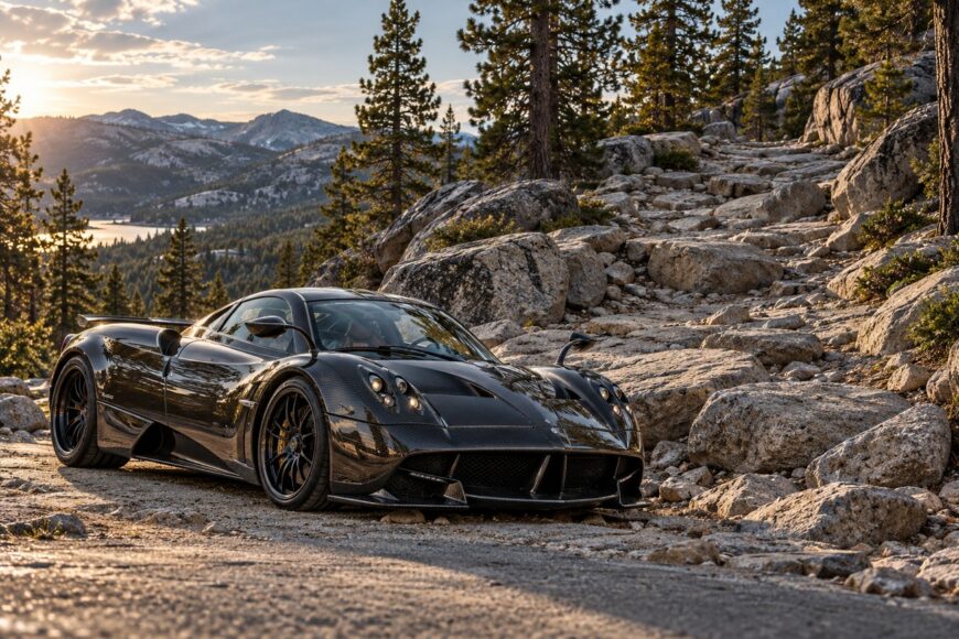 A black exposed carbon fiber Pagani Huayra parked on a rugged rocky mountain trail with pine trees and mountains in the background at sunset