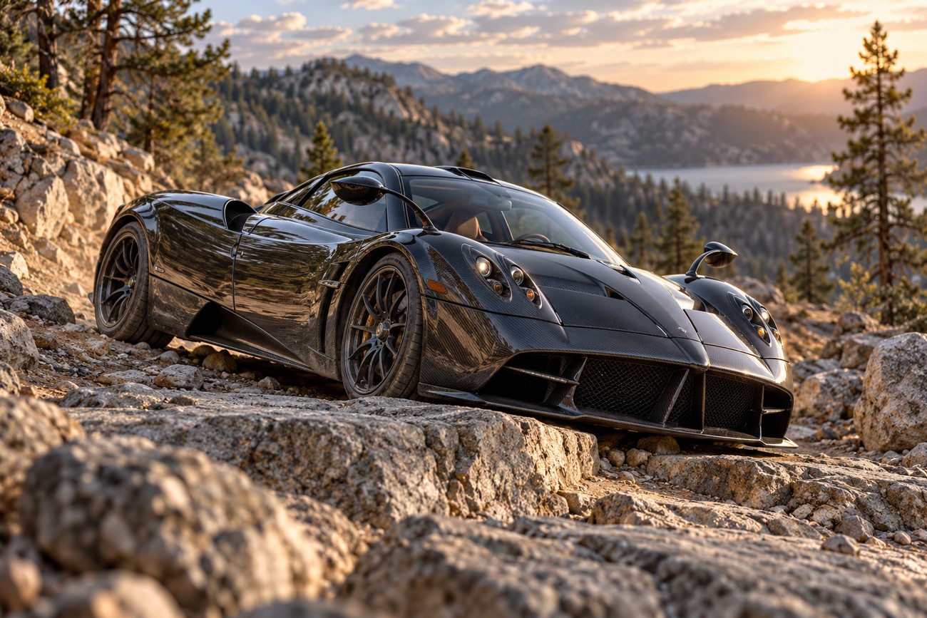 A black carbon fiber Pagani Huayra parked on a rocky mountain trail overlooking a lake at sunset