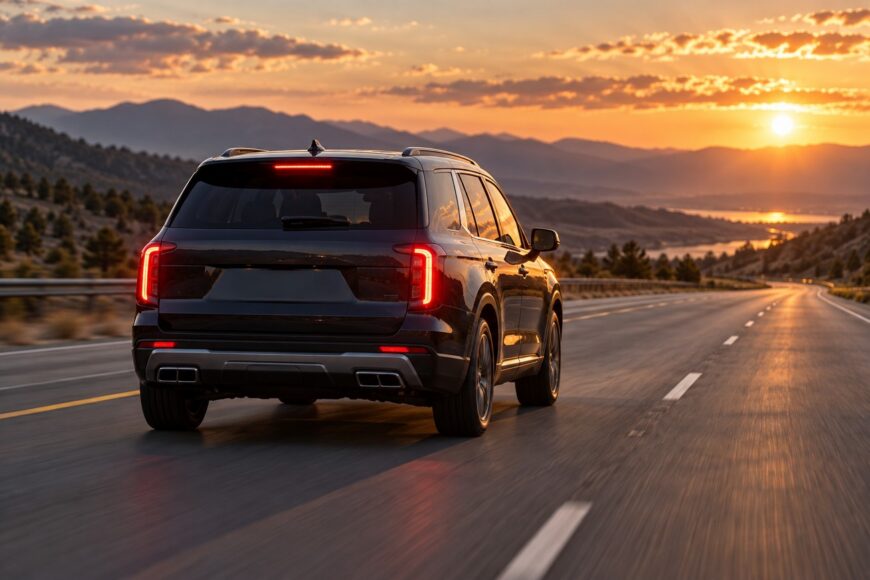 A dark Hyundai Palisade SUV driving on an empty highway during a scenic sunset with mountains in the background