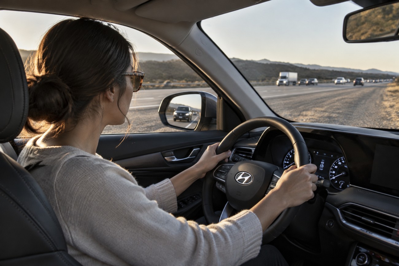 A woman driving a Hyundai Palisade on a sunny highway holding the steering wheel