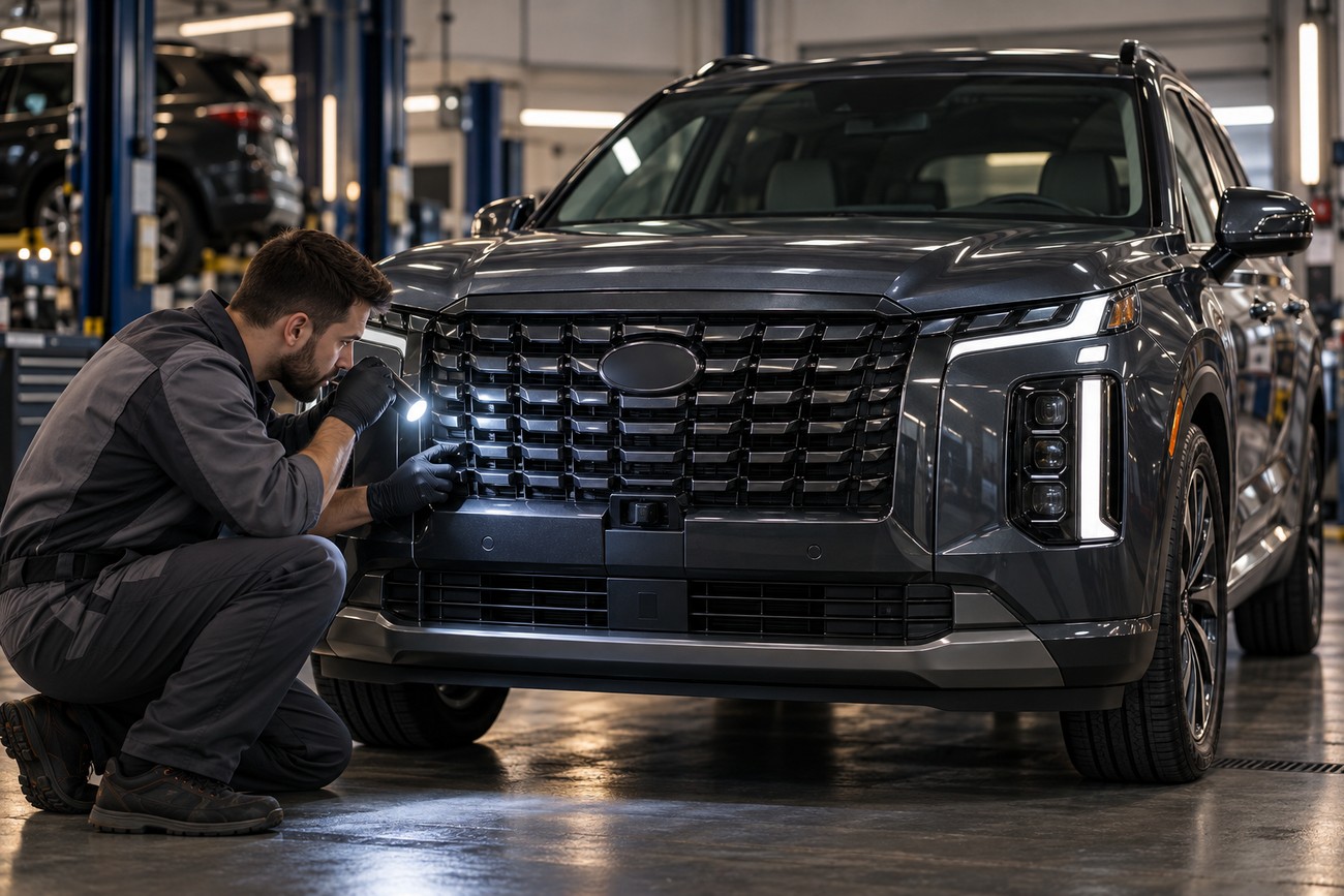 A mechanic in uniform crouches by a dark gray Hyundai Palisade inspecting the front grille with a flashlight