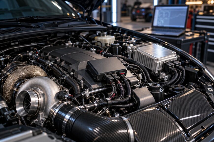A modern car engine bay with a piggyback tuner module connected to wiring and a laptop in the background