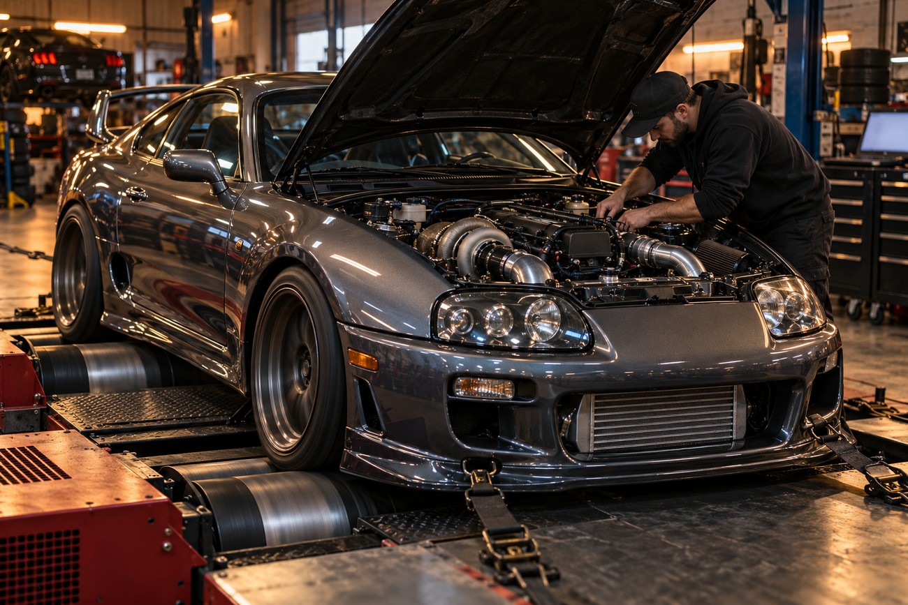 A mechanic working under the open hood of a sports car strapped to a dyno in a workshop
