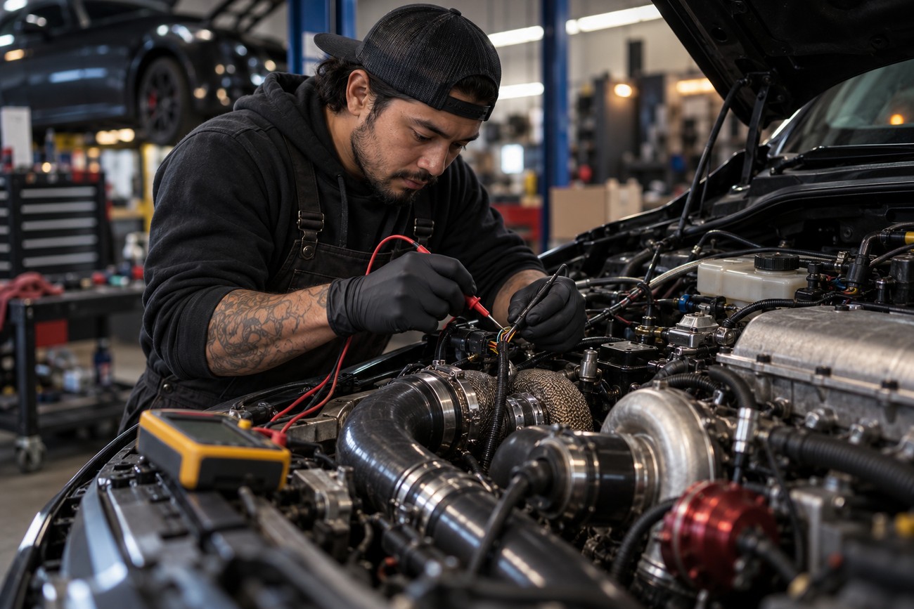 A mechanic wearing gloves uses a multimeter to work on the wiring harness inside a car engine bay in a repair shop