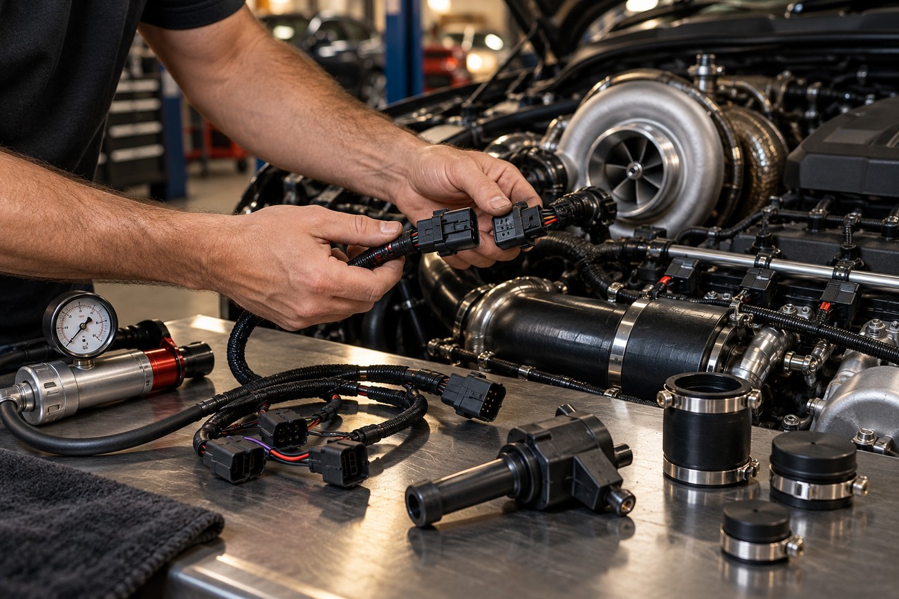 A mechanic holding wiring connectors of a piggyback tuner module at a workbench in front of a turbocharged car engine
