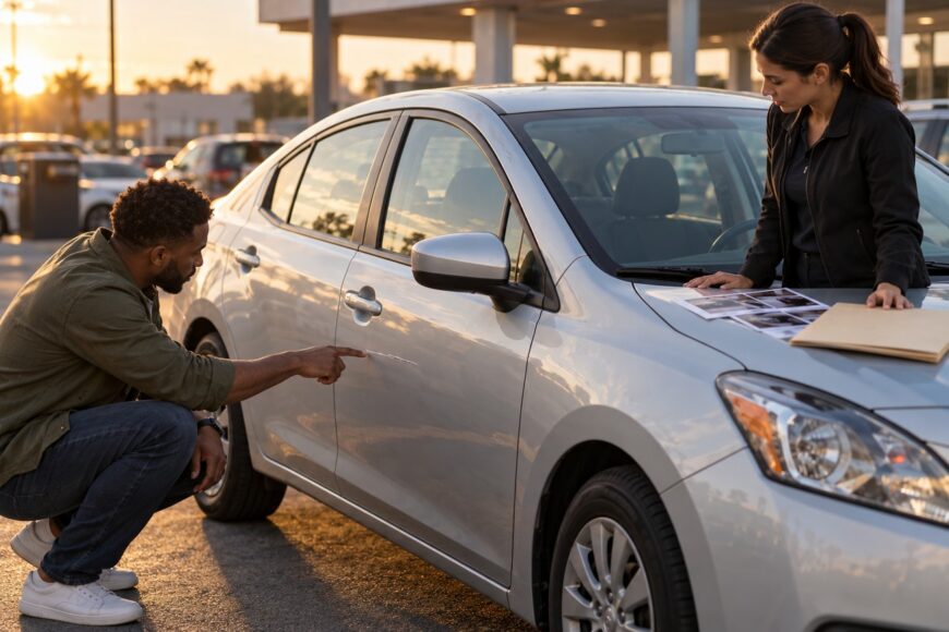 Man pointing at a scratch on a silver Nissan Versa rental car while a representative looks at paperwork on the hood