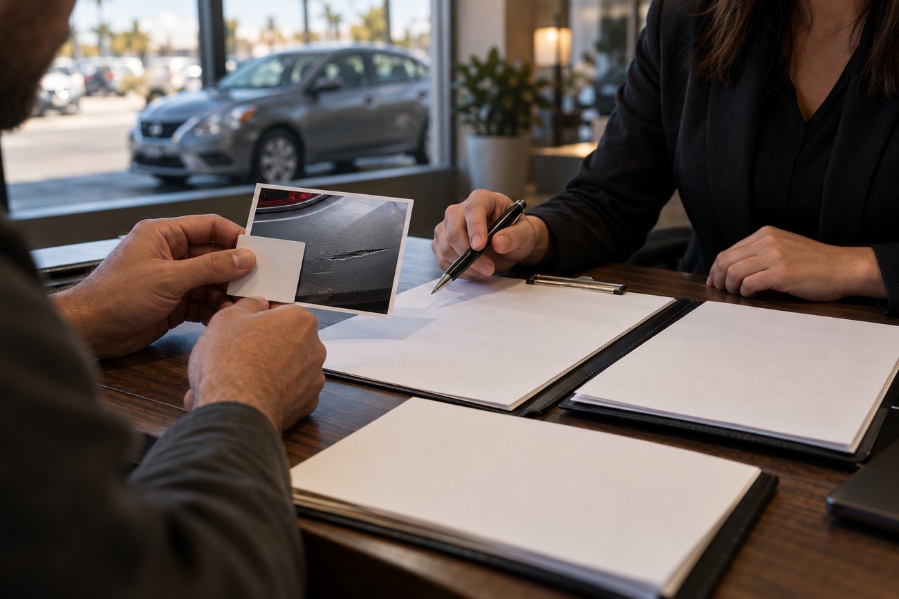 Customer holding a photo of scratches on a Nissan Versa while discussing rental damage charges with an agent across a desk