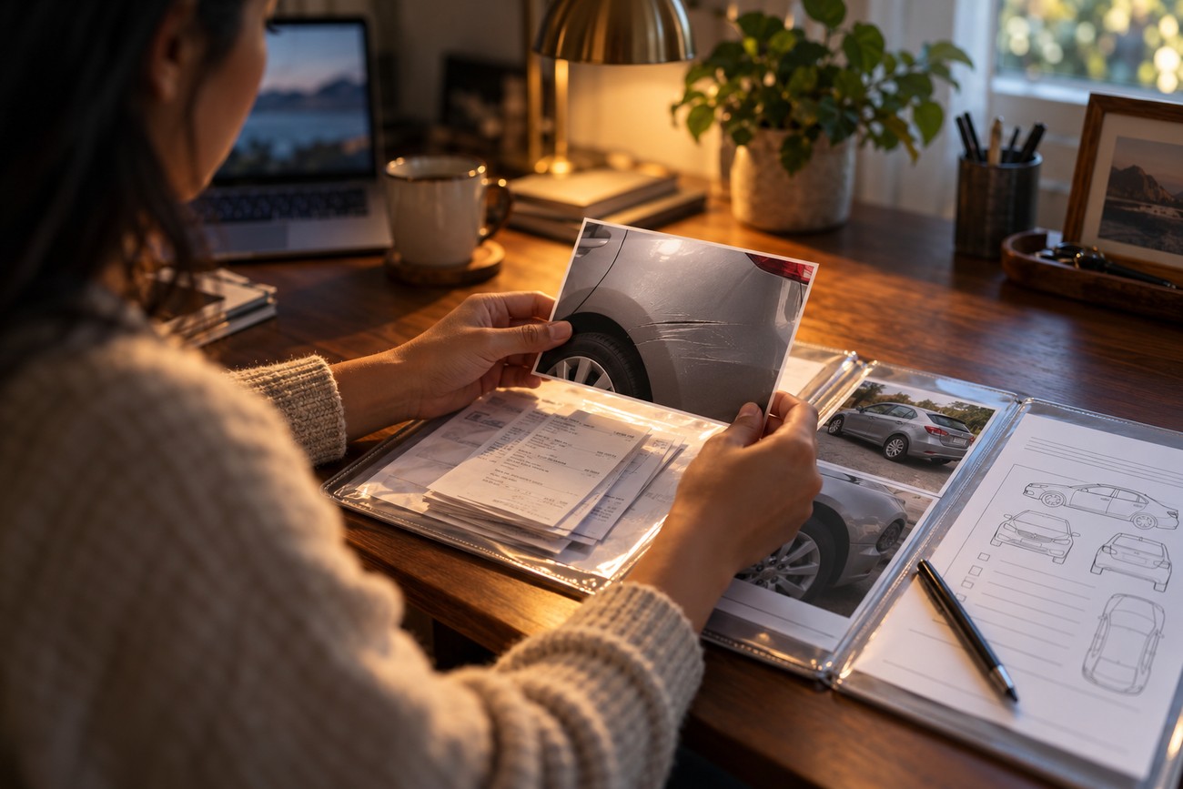 A person sitting at a desk reviewing printed photos of car scratches and rental inspection documents for a Nissan Versa