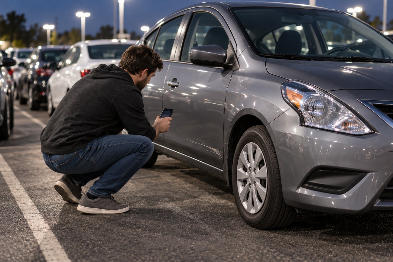 A man crouching in a parking lot photographing scratches on a gray Nissan Versa rental car with his phone