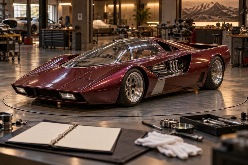 A unique maroon Sbarro concept car with a bubble canopy displayed on a rotating platform in a workshop