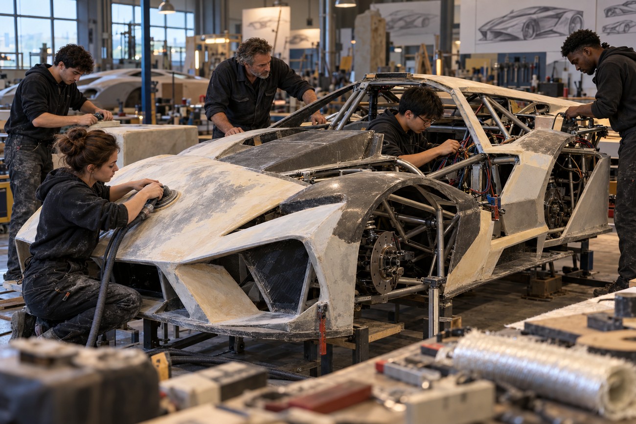 Diverse team of craftsmen and designers meticulously building and sanding a custom Sbarro concept car prototype in a workshop