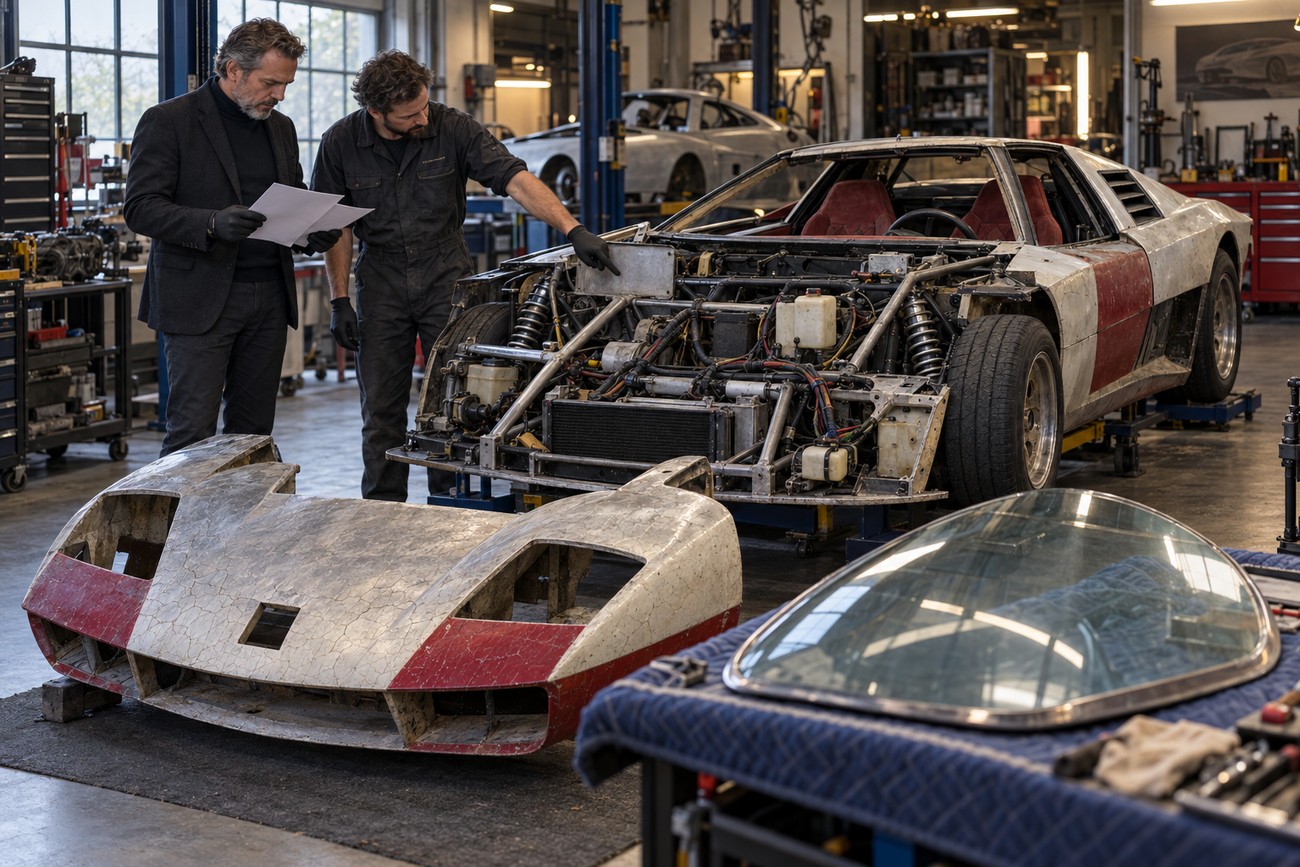Two mechanics examining the exposed chassis and engine compartment of a custom Sbarro sports car inside a restoration workshop
