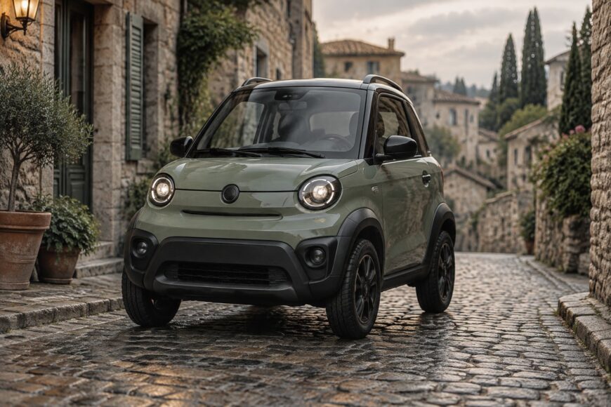 A green Aixam Crossline microcar parked on a narrow cobblestone street in a historic European village