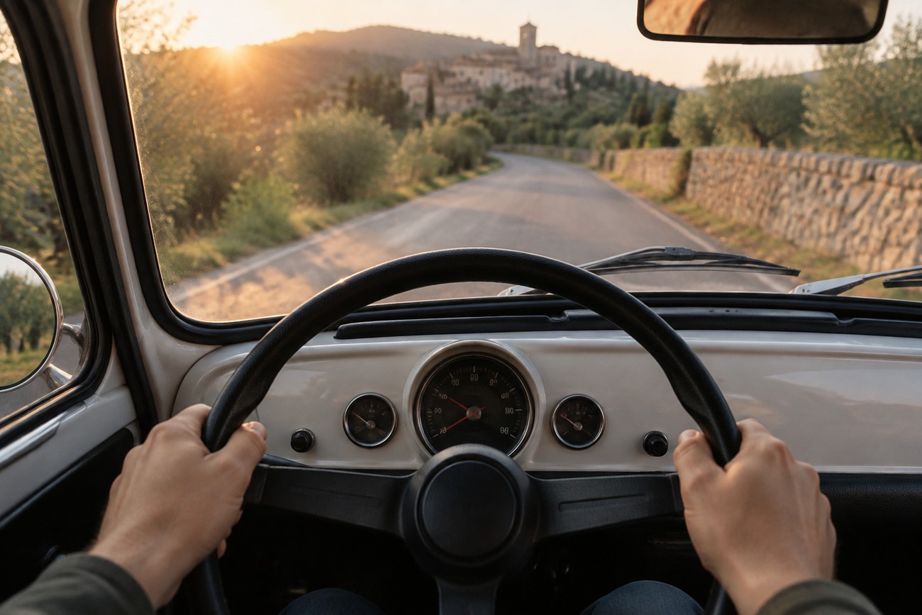 Driver hands holding the steering wheel of an Aixam Crossline microcar driving on a scenic road