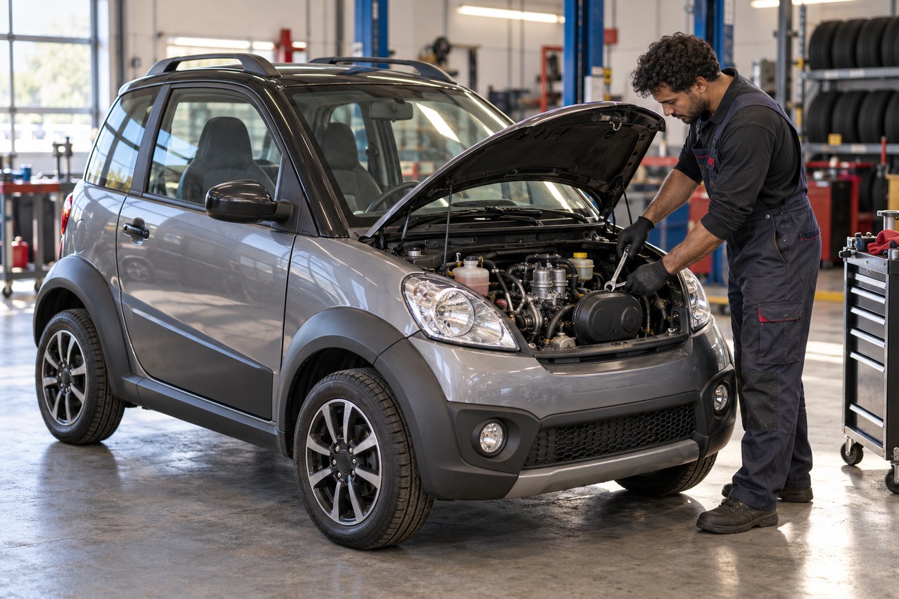 A male mechanic in dark overalls using a tool to inspect the open engine bay of a gray Aixam Crossline microcar inside a repair garage