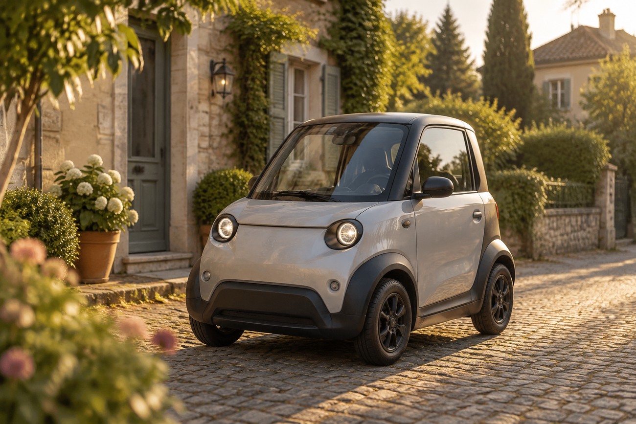 Silver Aixam Crossline microcar parked on a charming cobblestone street in front of a stone village house