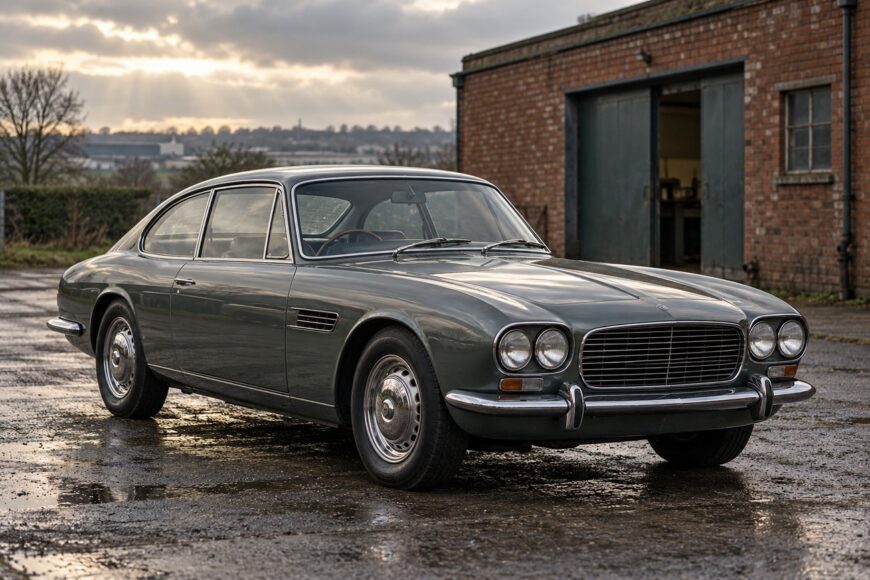 Classic grey Bristol 411 grand tourer parked on wet pavement in front of a brick garage under a cloudy sky