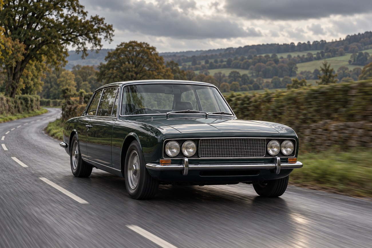 A classic dark green Bristol 411 grand tourer driving on a winding asphalt road through a countryside landscape