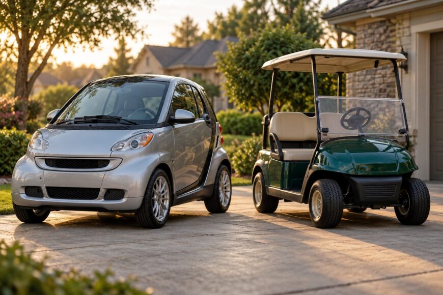 A silver Smart Fortwo parked next to a green golf cart on a paved driveway during sunset