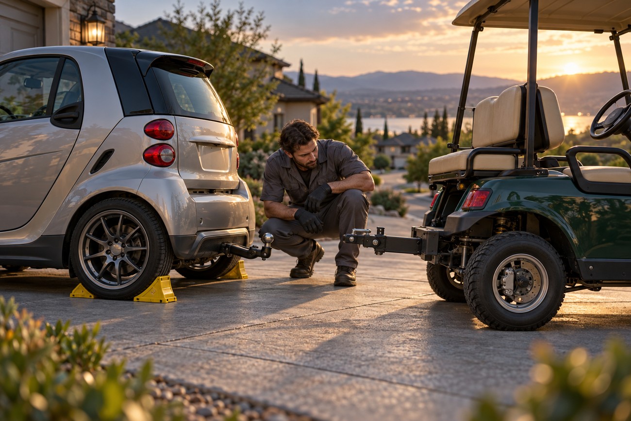 A mechanic inspecting the tow hitch between a golf cart and a silver Smart Fortwo in a residential driveway at sunset